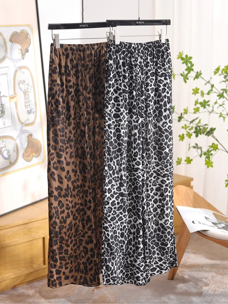 

Elegant Women's Silk Wide Leg Casual Pants Asymmetric High Waist Elastic Loose Fit Long Trousers with Leopard Print