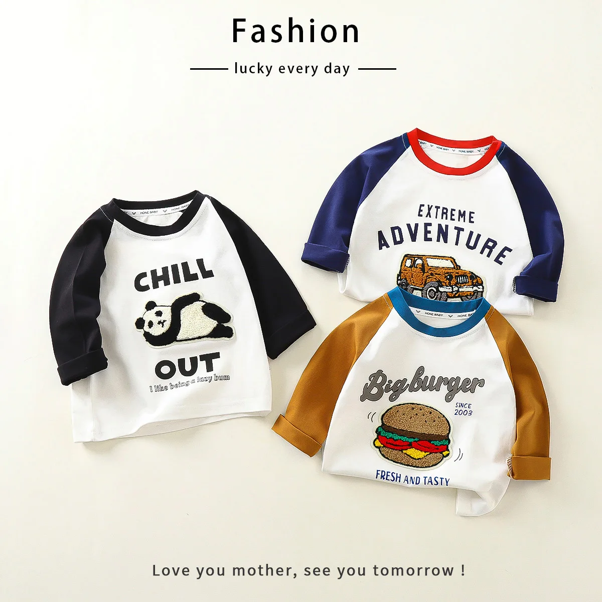 Spring Autumn Infant Babys Boys Sweatshirts Hamburger Printed Kids Boys Tops Cotton Car Panda Embroidery Toddler Boys Based Tees