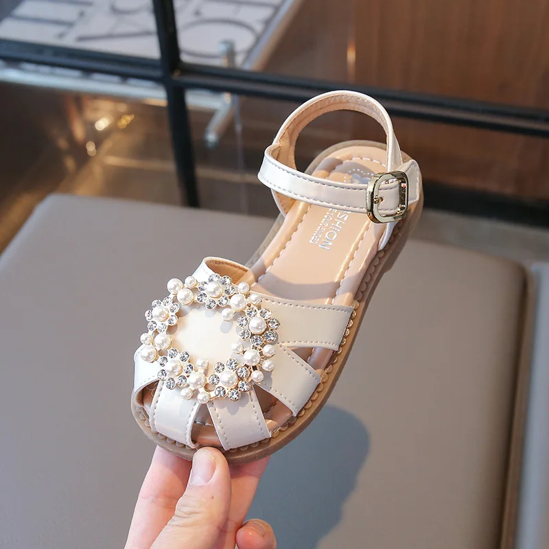 Girls Cover Toes Sandals Kids Shoes Hoop Loop Rhinestone Sandal 2025 Summer Child Barefoot Beach Flat Shoe for Toddler 23-34
