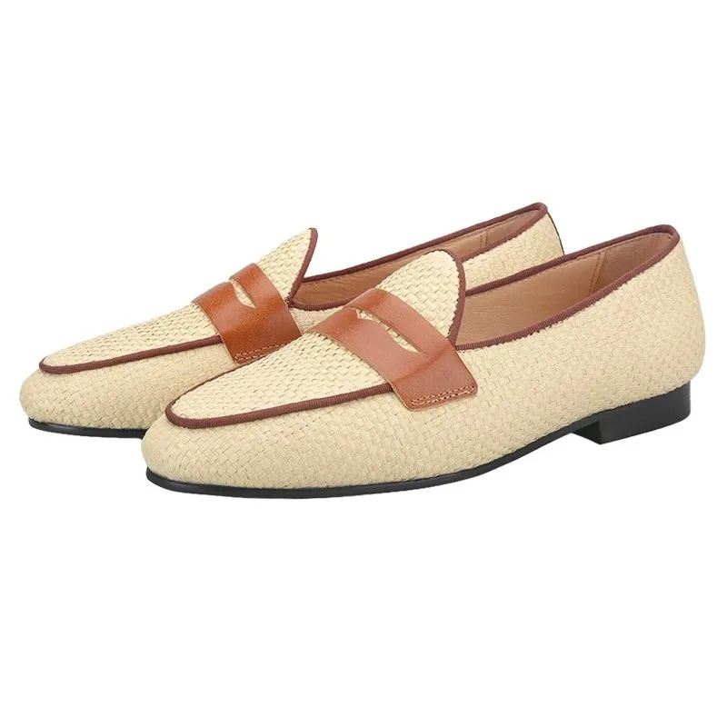 

Primary Color Woven Rafia Penny Loafers For Fashion Party And Show Handmade Slip-On Men's Smoking Slippers Plus Size