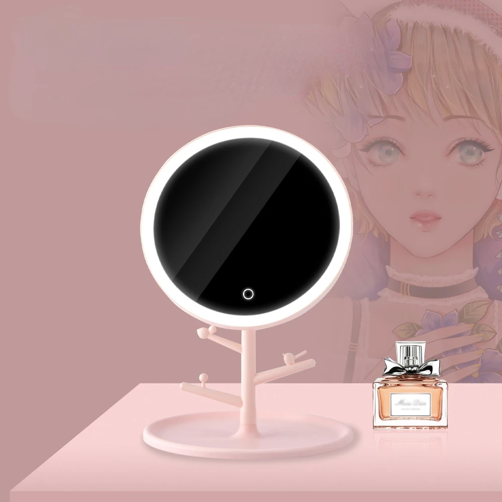 Makeup Mirror With Light Lamp With Storage Desktop Rotating Cosmetic Mirror Light Adjustable Dimming USB Vanity Mirror