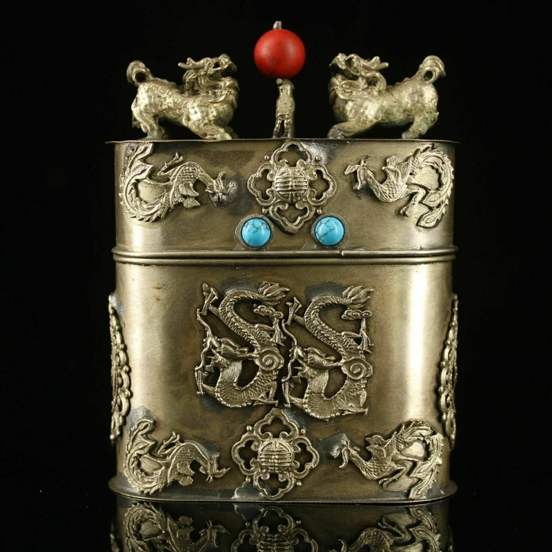 

4.33" Collection Tibetan Silver inlay gemstone Hand carving Dragon Tea box small bottle