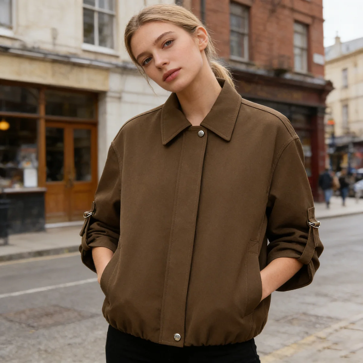 

Коричневая короткая куртка-бомбер для женщин с присборенными рукавами, свободная повседневная рабочая одежда, шикарная ветровка, топы, женская новинка 2026 года, модная коллекция