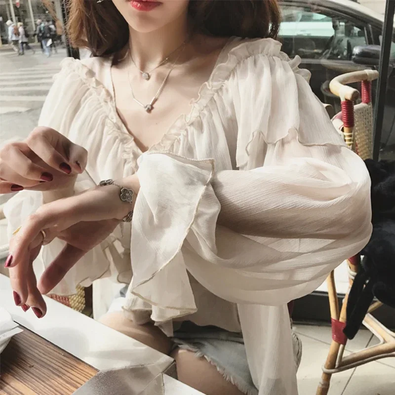 New V-neck Sexy Shirts Women See Through Boho Mesh Women\'s Blouse Summer Ruffle Flare Sleeve Elegant Tops Ruffles Blusas 13459