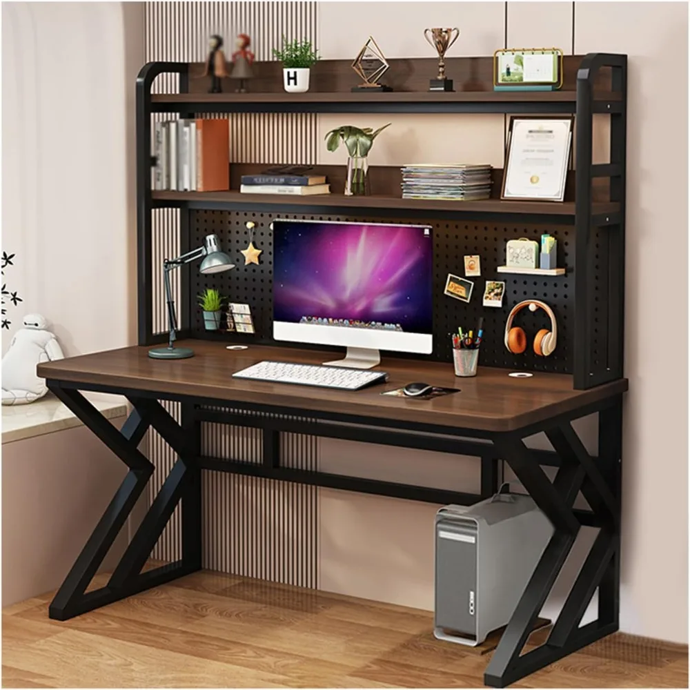 Desk with Shelves, PC Gaming Desk with Metal Pegboard, Small Gtracing  of Thickened Desktop, Home Office