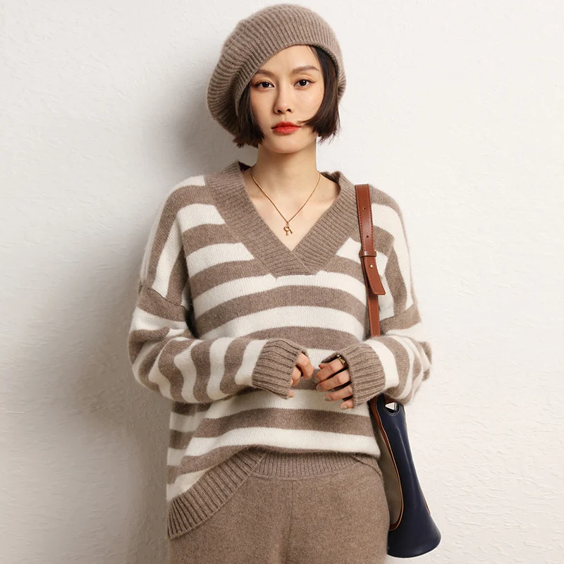 Cashmere Sweater Women\'s 2023 Autumn/Winter New 100% Goat Cashmere V-neck Loose Pullover Fashion Knitted Sweater Tops For Female