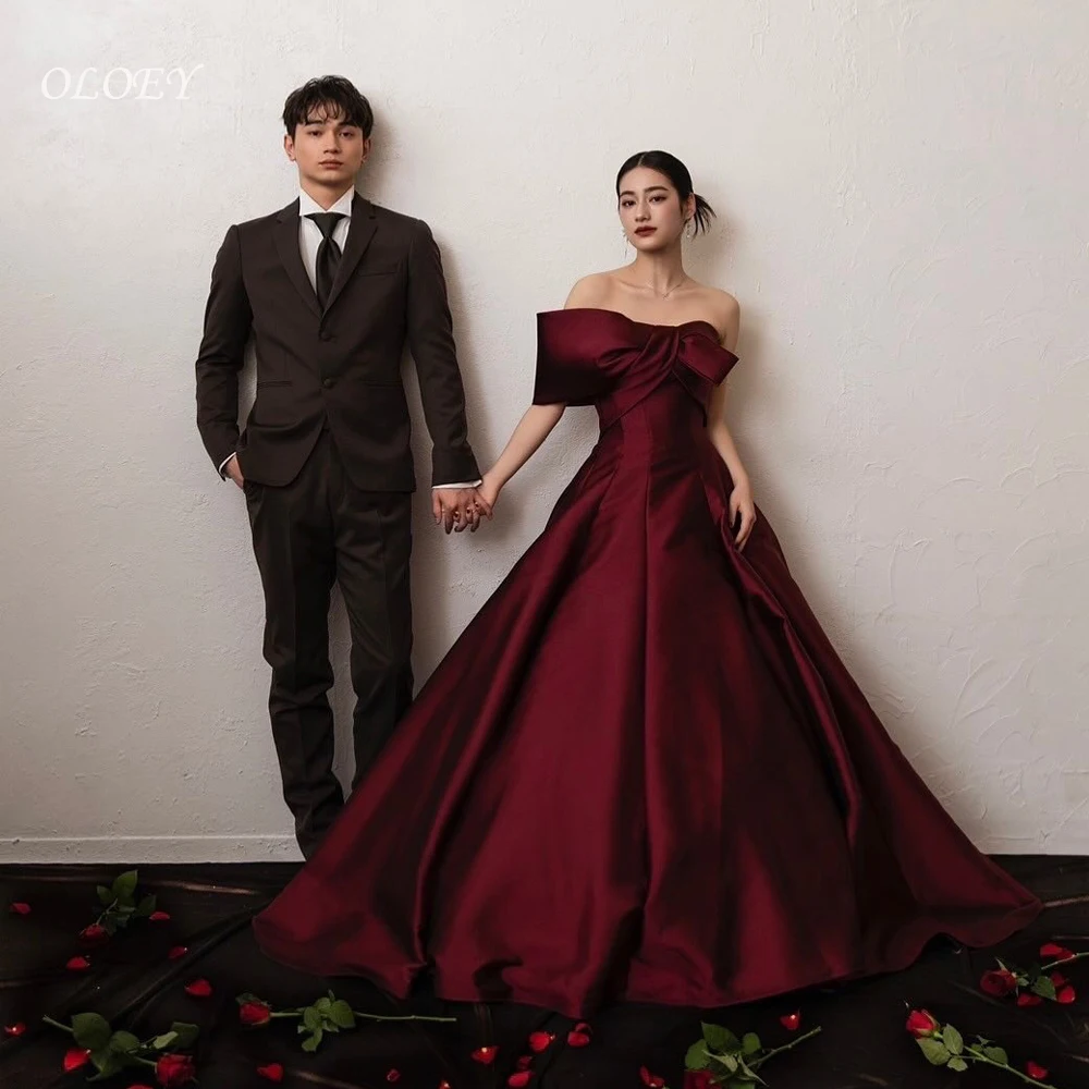 OLOEY สีแดงเข้มไหล่ข้างเดียวเอ-ไลน์ชุดราตรีเกาหลีถ่ายภาพผ้าซาตินเนื้อนุ่ม ウェディングドレスです 웨딩드레스 คอร์ที่กำหนดเอง