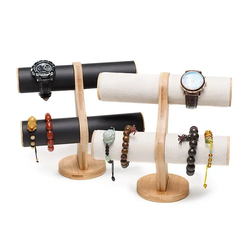 2Layer Bamboo Jewelry Display Watch Bracelet Storage Displays Bangle Display Stand Vintage T-Bar Jewelry Organizer