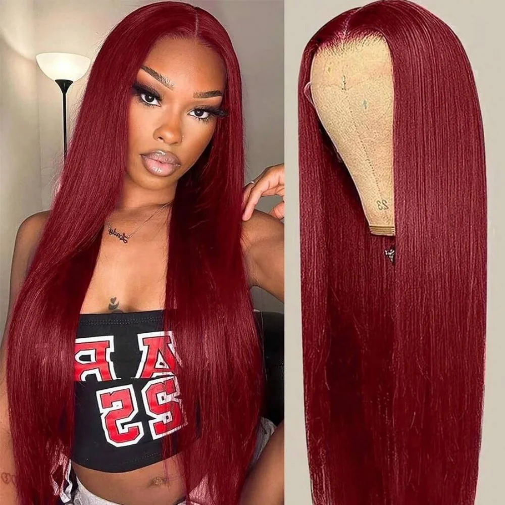 شعر مستعار بدانتيل أمامي بورجوندي ، شعر بشري ، شعر مستعار أحمر مستقيم ، شعر مستعار ملتف مسبقًا بشعر طفل ، كثافة 13 × 4 ، 99 ج ، 30 بوصة