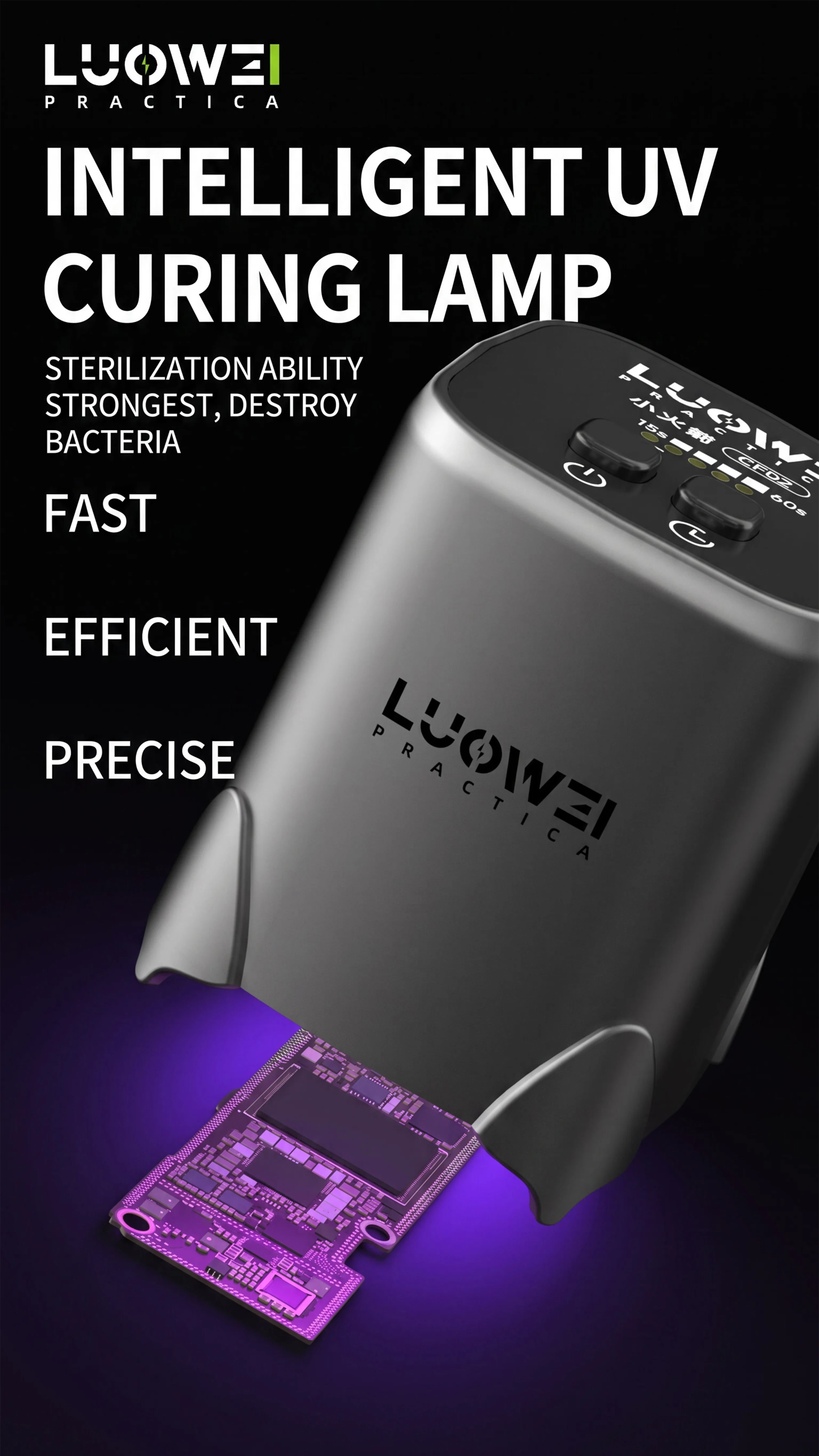 LUOWEI UV Curing Lamp—for the rapid curing of green solder mask ink and adhesives during mobile phone motherboard repair.