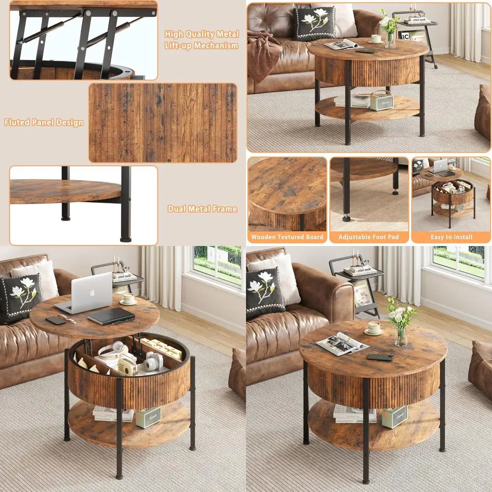 

Rustic Round Fluted Lift-Top Coffee Table with Storage, Brown, for Living Room and Home Office