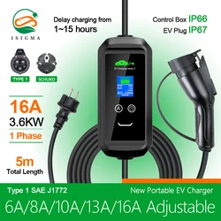 Isigma-cargador EV IEC 621962 con conectores Schuko, nuevo diseño, 1P, 6A, 8A, 10A, 13A, 16A, ajustable, 3.6kw, J1772, tipo 1, tipo 2, 5m, 220V