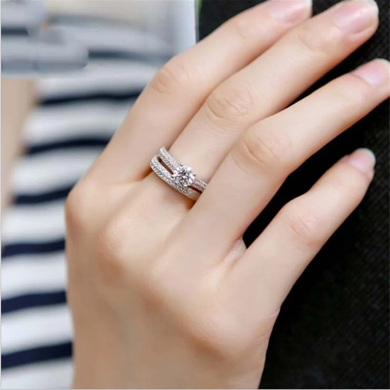 Dazzling Rose Gold Silver Color Round Ring for Women Metal Inlaid Zircon Stones Wedding Rings Set Engagement Jewelry