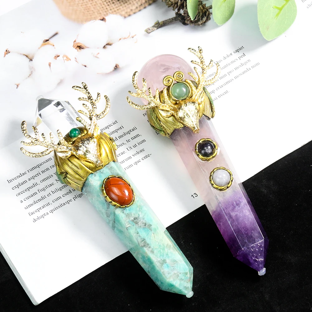 Real Amethyst Fluorite White Crystal Quartz Single-pointed Prism Energy Magic Wand Christmas Elk Witchcraft Scepter Witch Decor