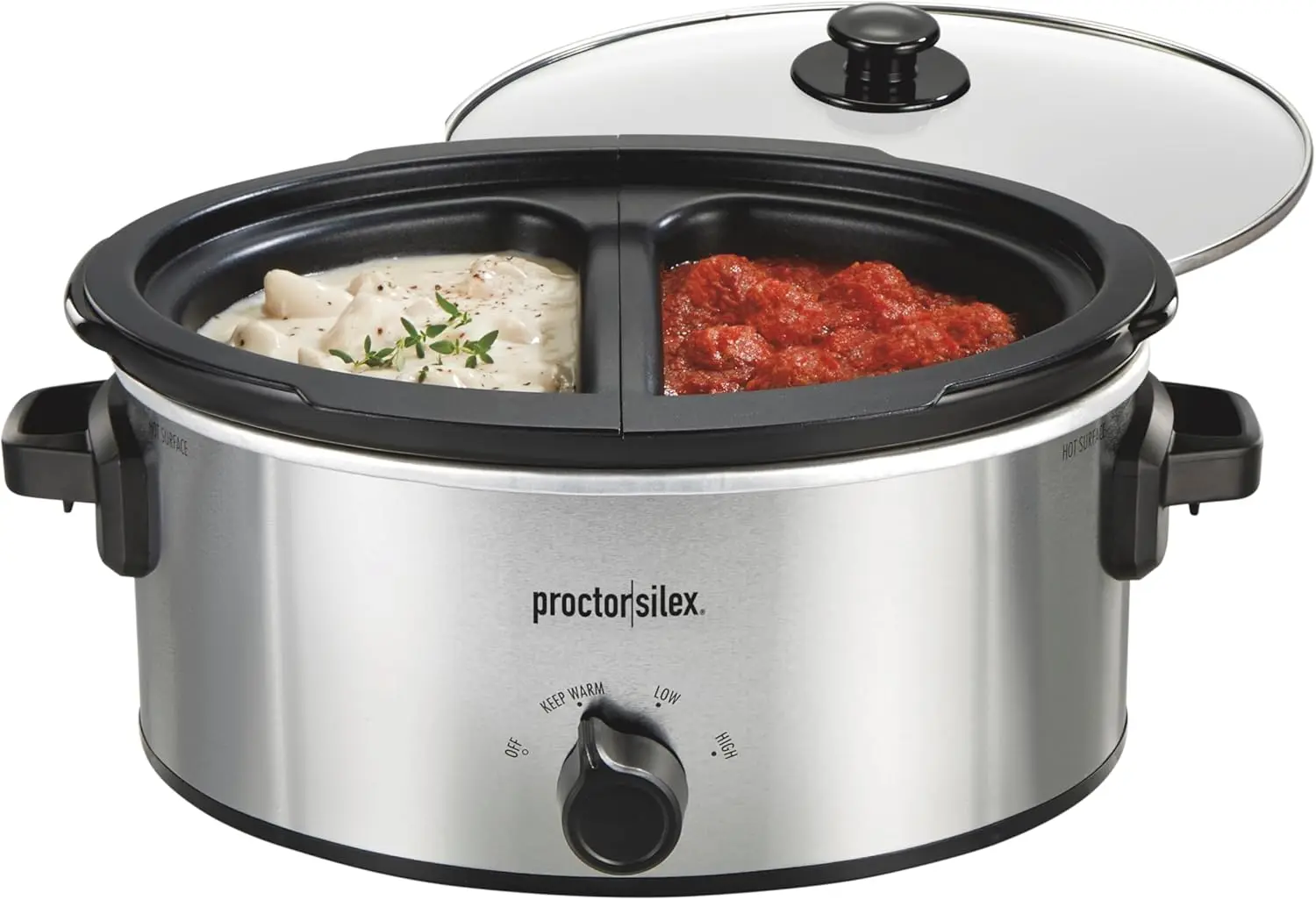 

Double Dish Slow Cooker with 6qt Crock and Dual 2.5qt Nonstick Inserts, Dishwasher Safe, Silver