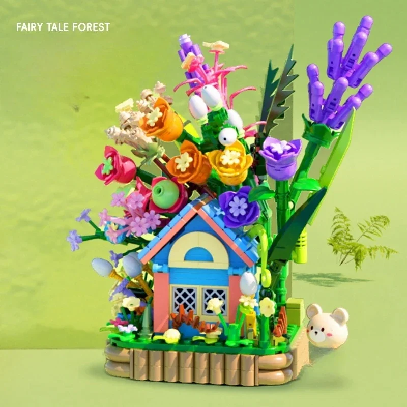 مكعبات بناء مقصورة غابة الدب الصغير مجموعة نماذج منزل الزهور الدافئة مع سطح المكتب ديكو للأطفال ألعاب ذاتية الصنع هدية العيد #4