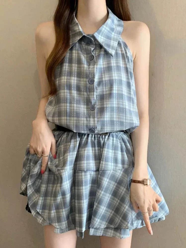 

Sweet And Spicy Street Style Light Blue Plaid Sleeveless Shirt Women's plus Size Midi Length Waist Cinching Top for Summer 2026