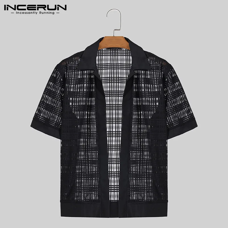 Handsome Well Fitting Tops INCERUN Men\'s Checkered Mesh Slightly Perspective Shirts Casual Male Thin Short Sleeved Blouse S-5XL