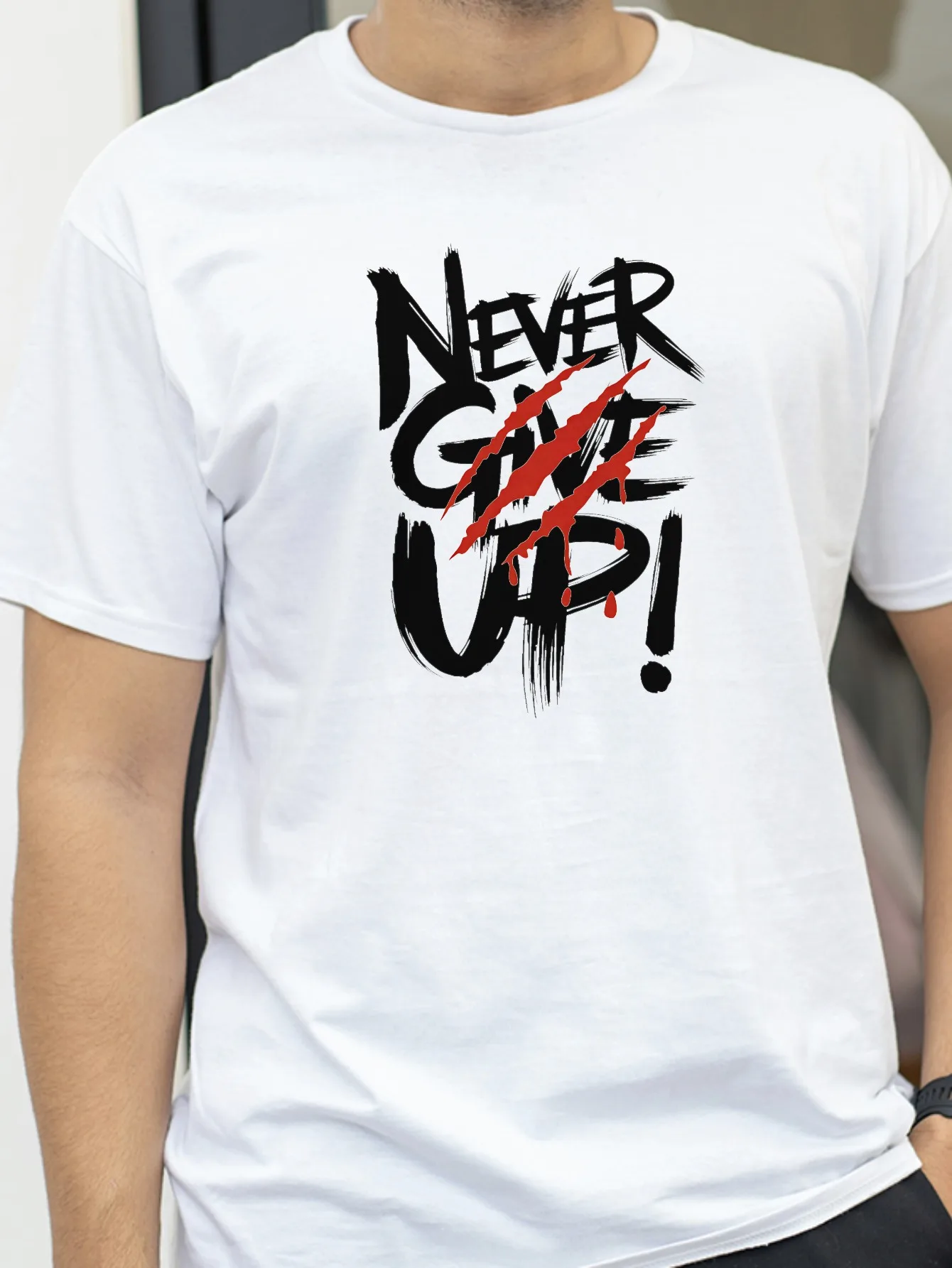 

never give up graphic printed t shirt round neck short sleeved T-shirt top Men's women's summer fashionable Street Style tees