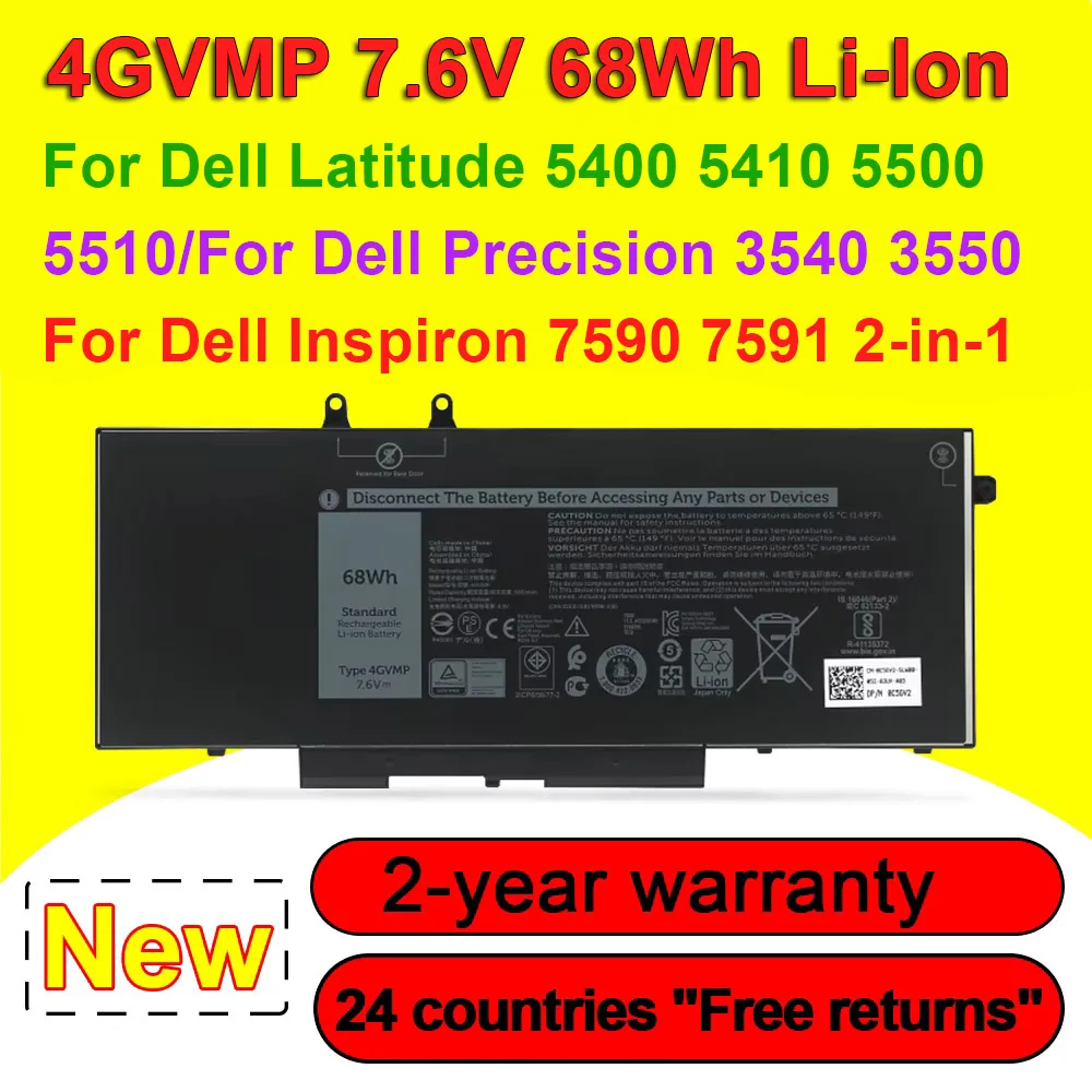 

Аккумулятор для ноутбука 4GVMP для DELL Latitude 5400 5500 5401 5410 5411 5501 5510 Precision 3540 3550 Inspiron 7590 7591 2-в-1 68 Втч