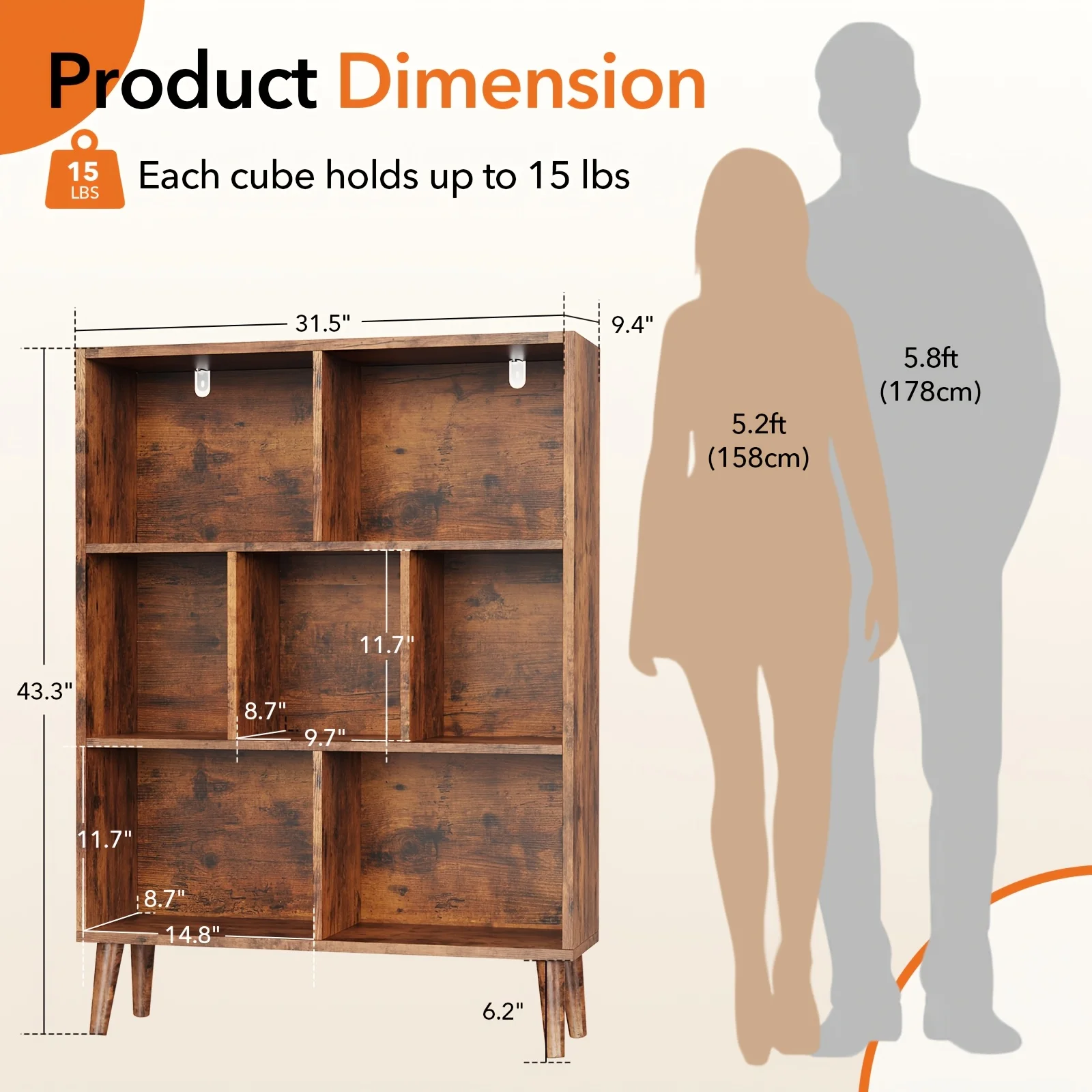 Bookshelf, 7 Cube Storage Organizer with Legs, 3-Tier Modern Wooden Bookcase