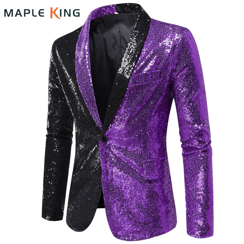 Blazer Fashion Men Shiny Sequin Patchwork Color Suit Jacket Steampunk Nightclub Evening Dress Wedding Party Stage Costume Homme