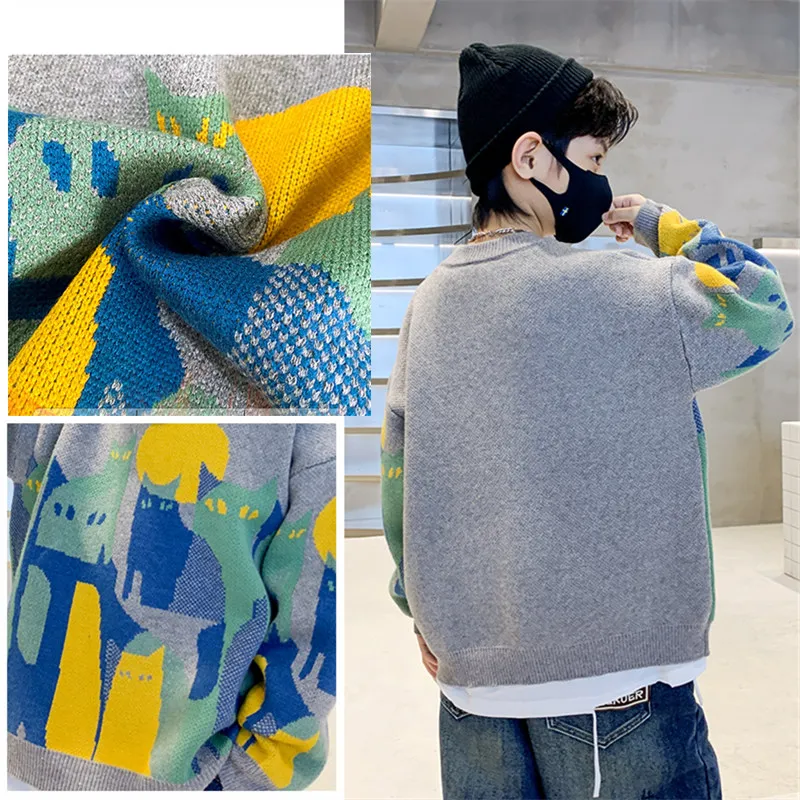 Fall Winter Boys Pullover Sweater Teenager 5-14Years Cartoon Cat Pattern Knitwear Clothes Child School Long Sleeve Soft Sweater