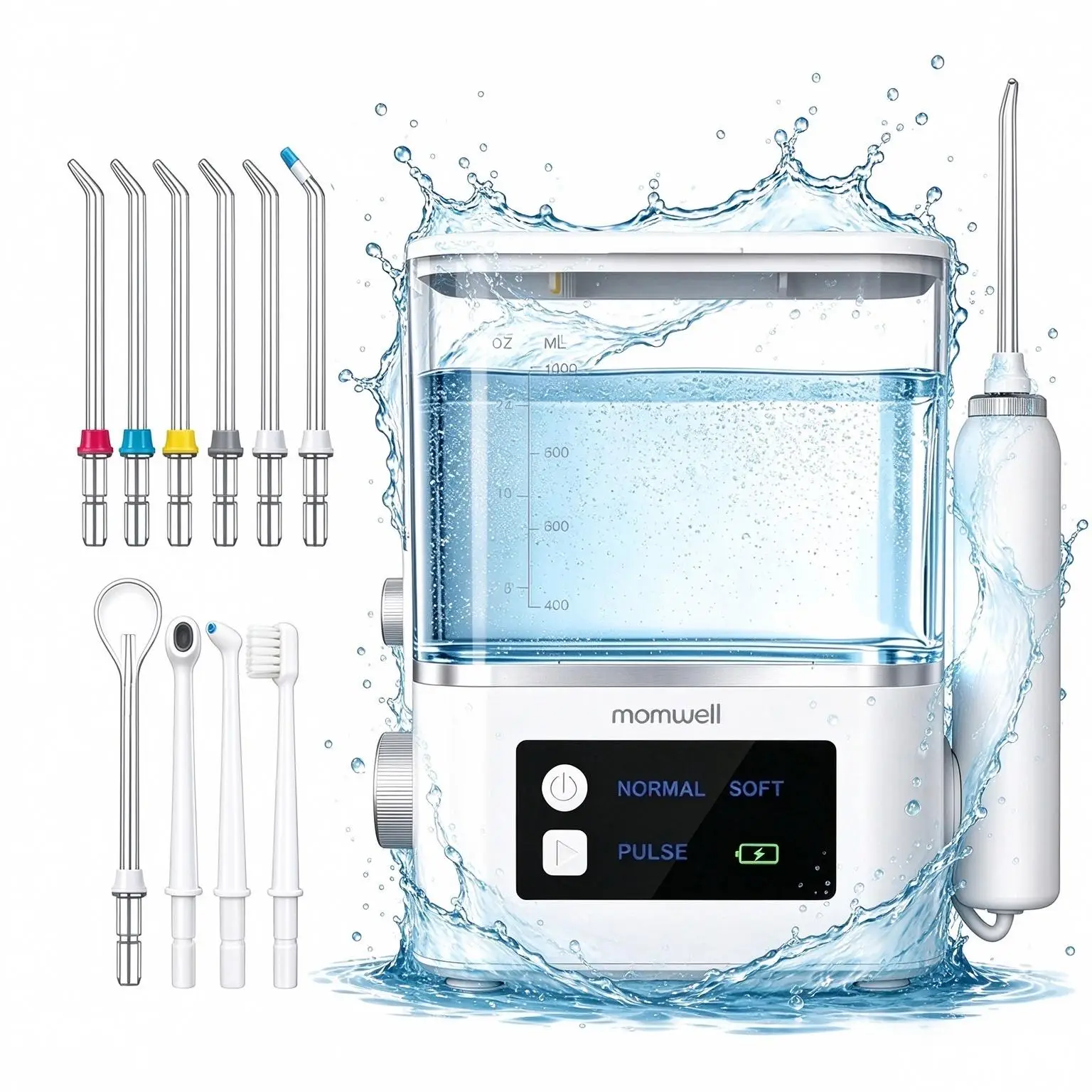 Mornwell F361 Desktop Water Flosser Oral Irrigator, 10 Pressure Levels, Smart LED Display, 360° Rotatable Nozzles, 10 Replacemen
