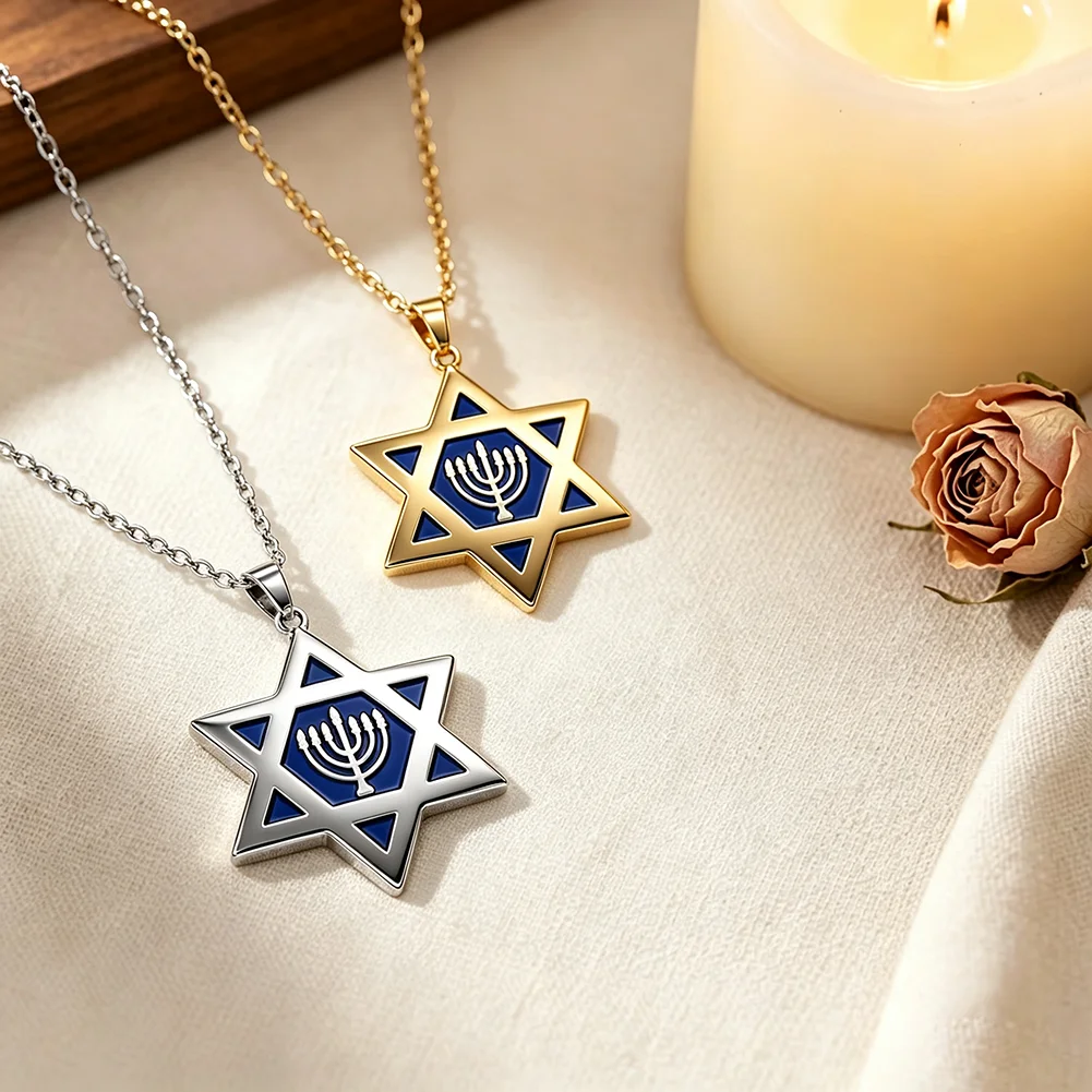 Star of David Menorah Pendant Necklace Enamel Hexagram Jewish 7‑Branch Menorah Charm Necklace Religious Jewelry Hanukkah Gifts