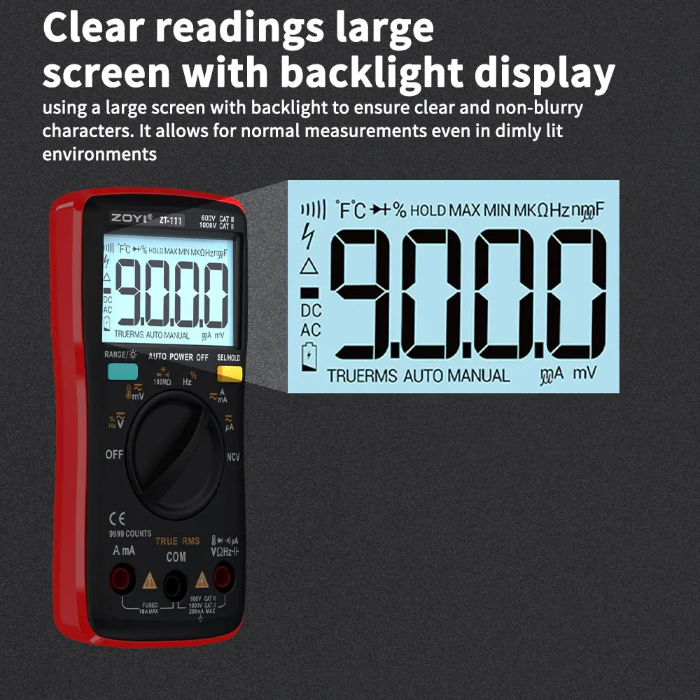 ZOYI ZT-111 Digital Multimeter 9999 Counts True RMS Auto Range NCV Temperature AC DC Voltage Current Capacitance Tester