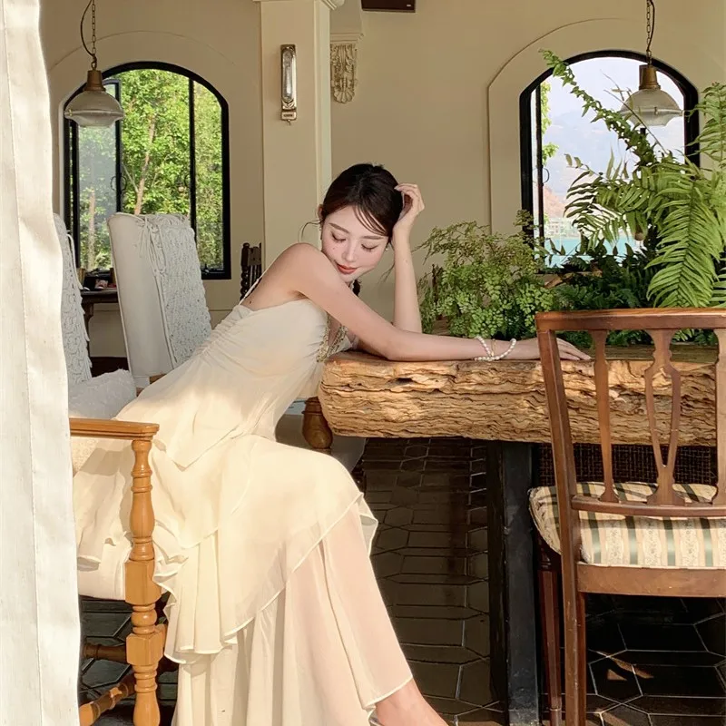 Style français doux Style col licou robe 2025 été bord de mer vacances multicouche à volants ourlet Boho longue robe de plage