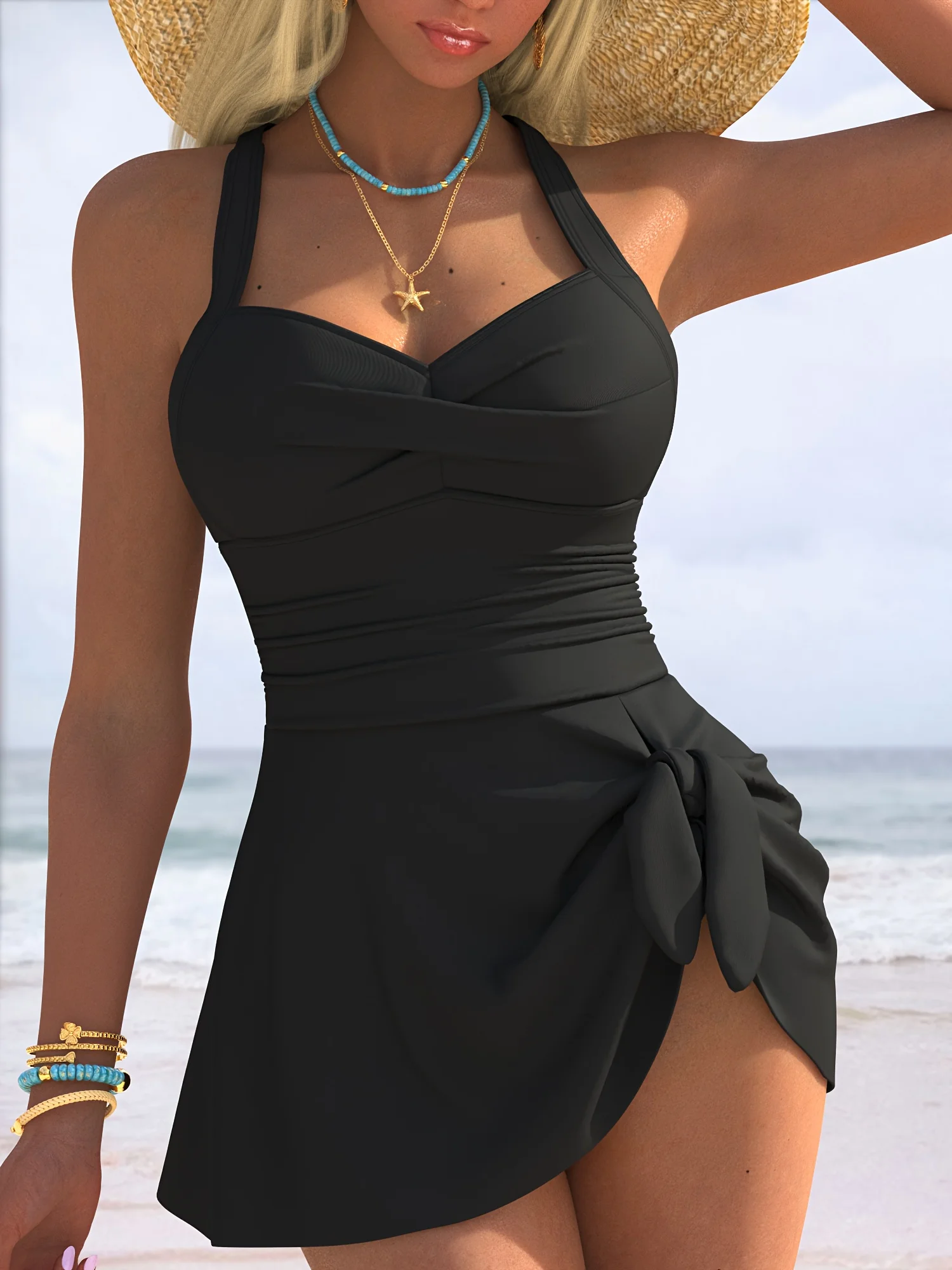 

2026 New Women's Fashion 1pc Swimsuit with Pure Color, Concealing Body and Making It Appear Slimmer