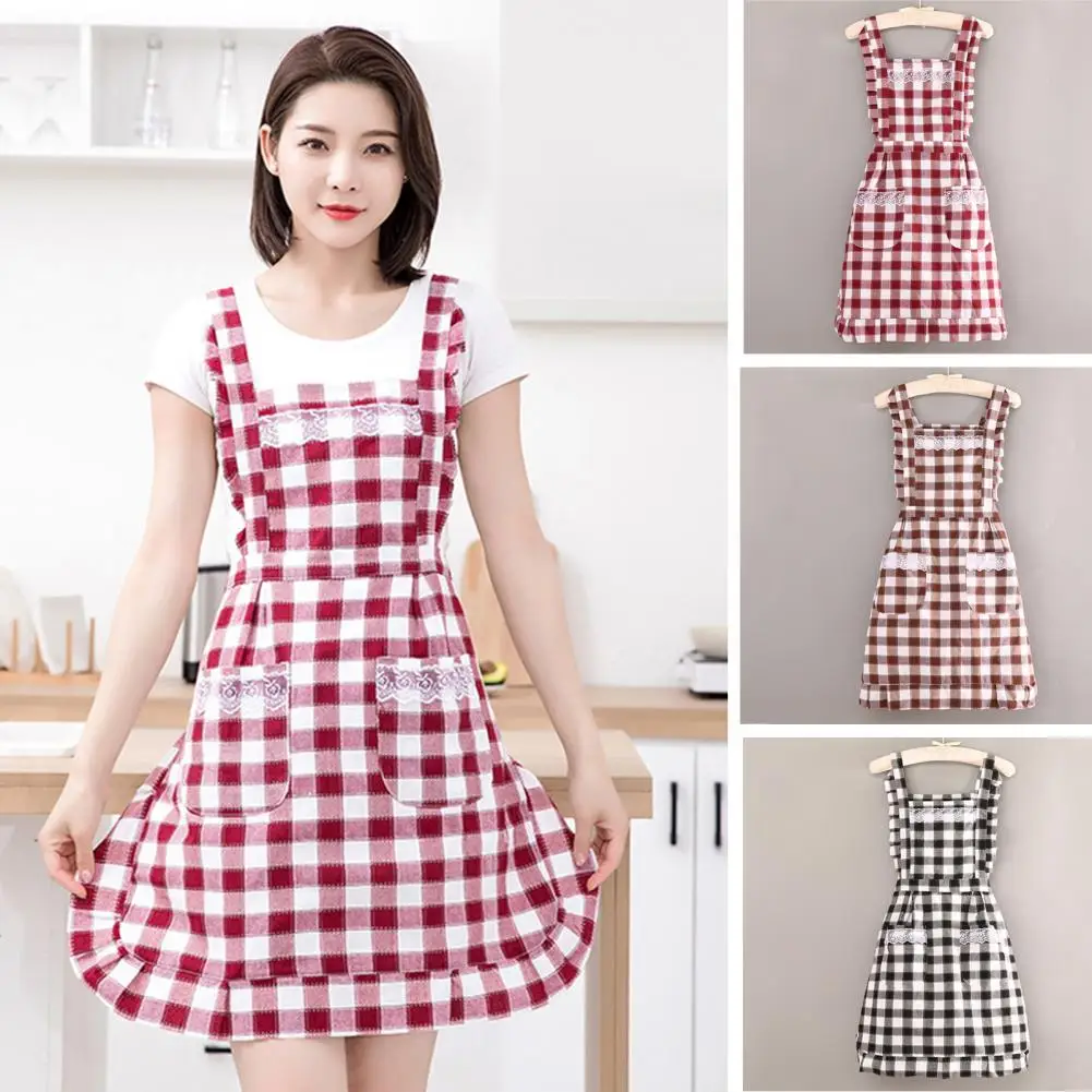 Korean Style Useful Lattice-Pattern Cotton Apron Unisex Kitchen Apron Lace Decor for Household