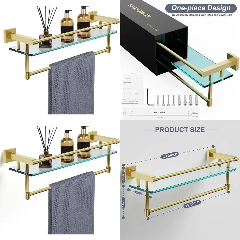 

Wall-Mounted Brushed Gold Tempered Glass Shelf with Towel Bar, 20-inch Stainless Steel