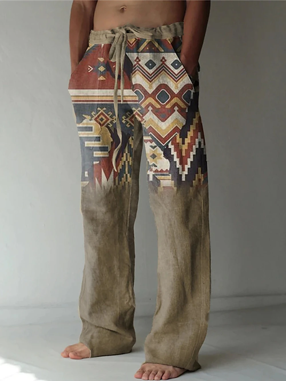 

Men's Vintage Casual Pants/Loose Fit Ethnic Print|Lightweight Breathable Summer Travel | Elastic Waist Holiday Streetwear Pants