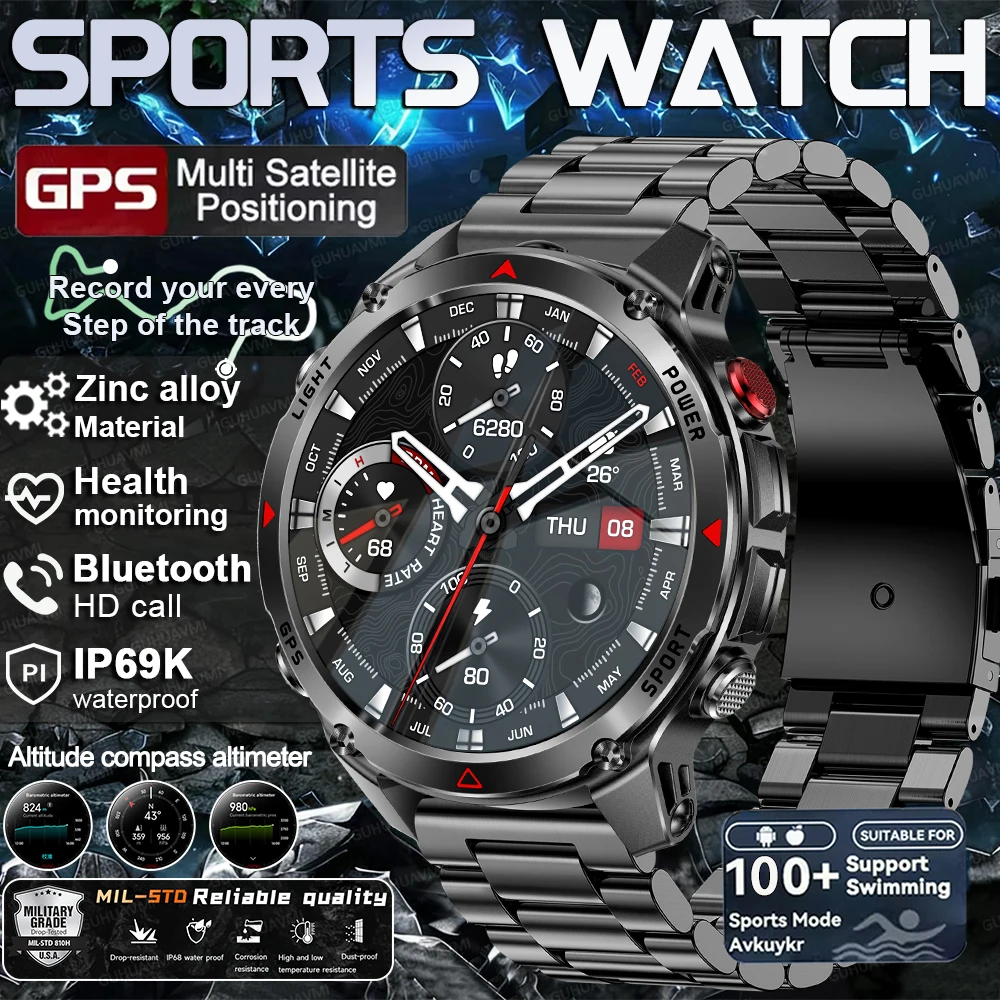 

2026 New Military GPS Sports SmartWatch Compass Altimeter IP69K Waterproof Battery Call heart rate Fitness Bracelet Men