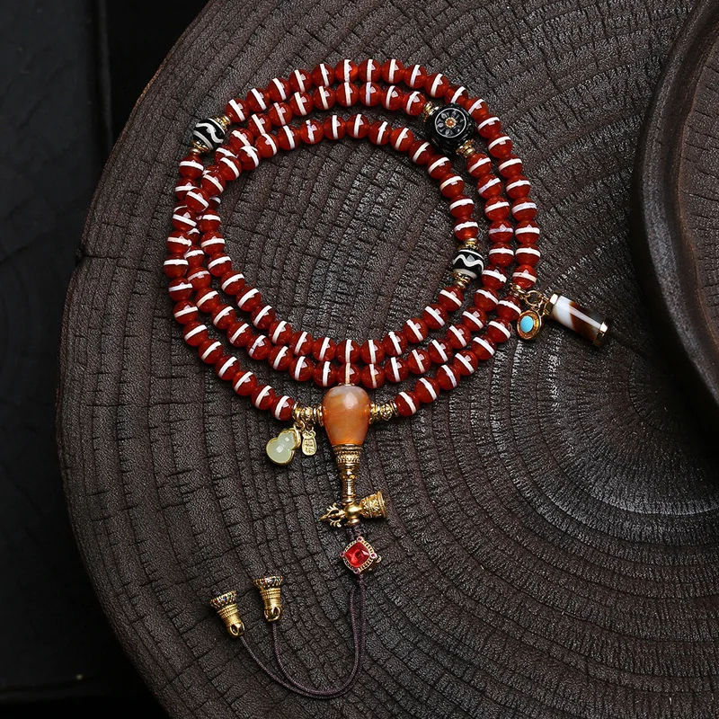 Natural Old West Asiainlaid etched wire beads108 Buddha beads multi-circle strings cultural toys glazed water grain dzi necklace