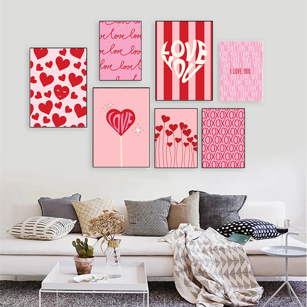 Valentines Day Pink Romantic Loving Heart Canvas Painting Wall Art Picture Couple Lovers Posters And Prints Living Room Decor