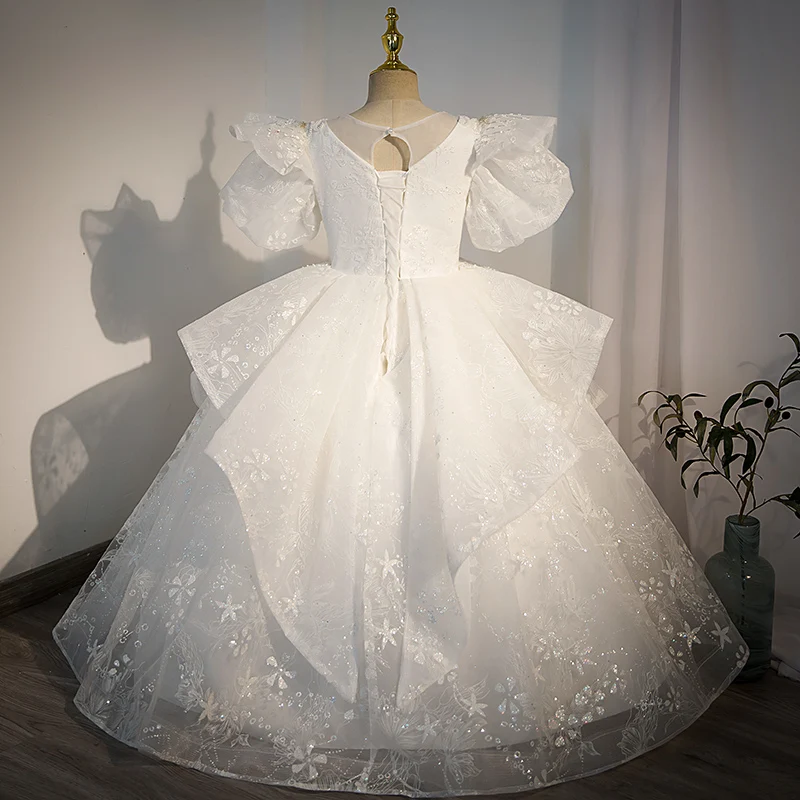 4-12y crianças vestido de tule branco meninas o-pescoço puff manga lantejoulas vestidos de festa de casamento crianças andar de comprimento primeiro comunhão vestido