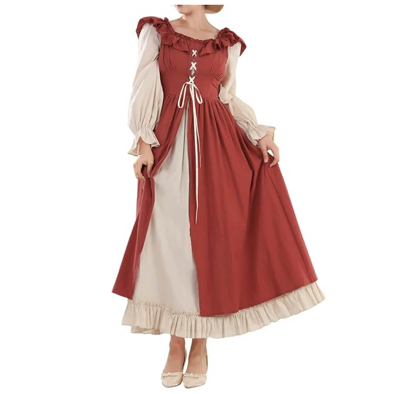 Medieval Tunic Dress For Women Cosplay Medieval Fairy Long Sleeves Halloween Dress A Line Slim Pleated Halloween Cosplay Costume