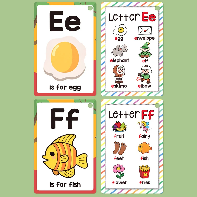 26 English Alphabet A-Z Cards 156 Words Children's Early Education Flashcards Learning Colors Animal Letters Teaching Tools