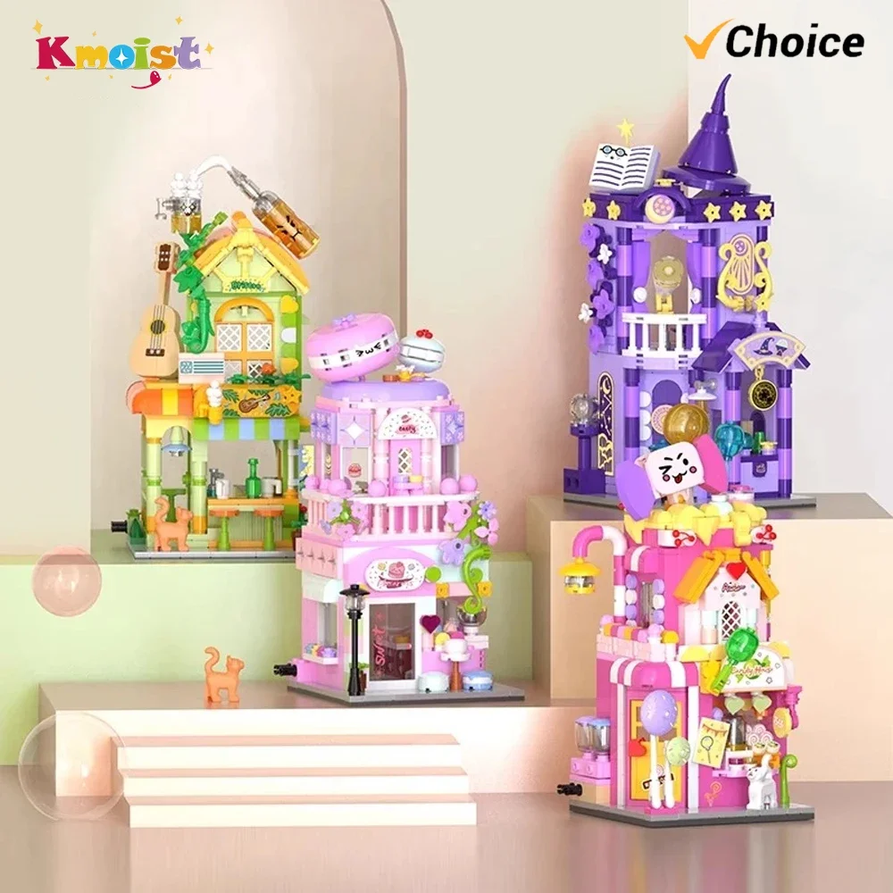 Bunte Straßenszene Bausteine Candy House Bistro Szene Modell Puzzle Zusammenbau Kinderspielzeug Geburtstagsgeschenk Dekorationen