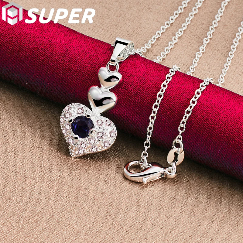 925 Sterling Silver 16-30 Inch Chain Blue AAA Zircon Heart Pendant Necklace For Woman Wedding Party Charm Jewelry