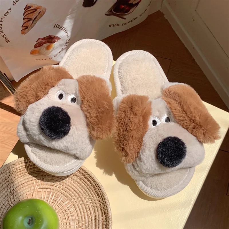 Women Winter Home Indoor Casual Slippers Female Dog Cute Fluffy Shoes Fashion Design Ladies Non-slip Indoor Soft Plush Slippers