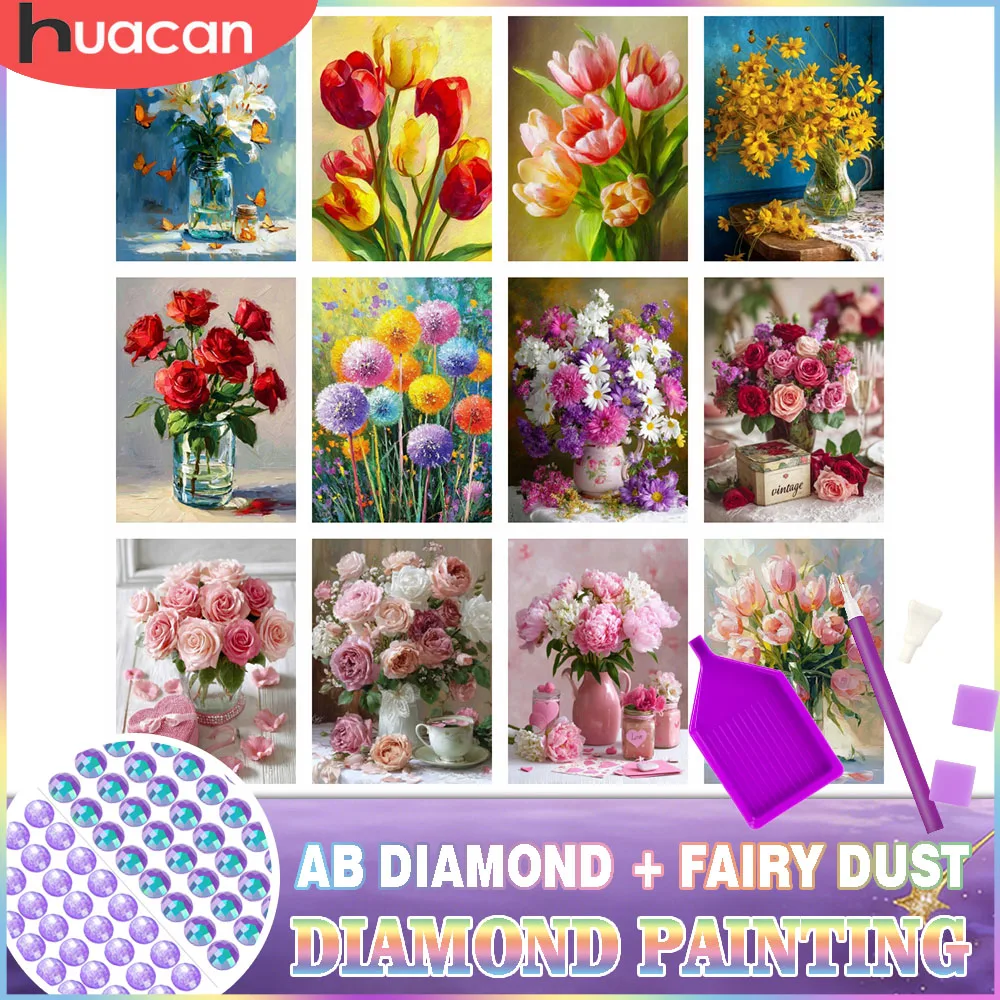 HUACAN Diamant-Mosaik-Kunst Rosenblüten-Gemälde Pfingstrosen-Blumenmuster 5D Komplettset AB Feenstaub Vollrund-Bohrer Handgefertigt