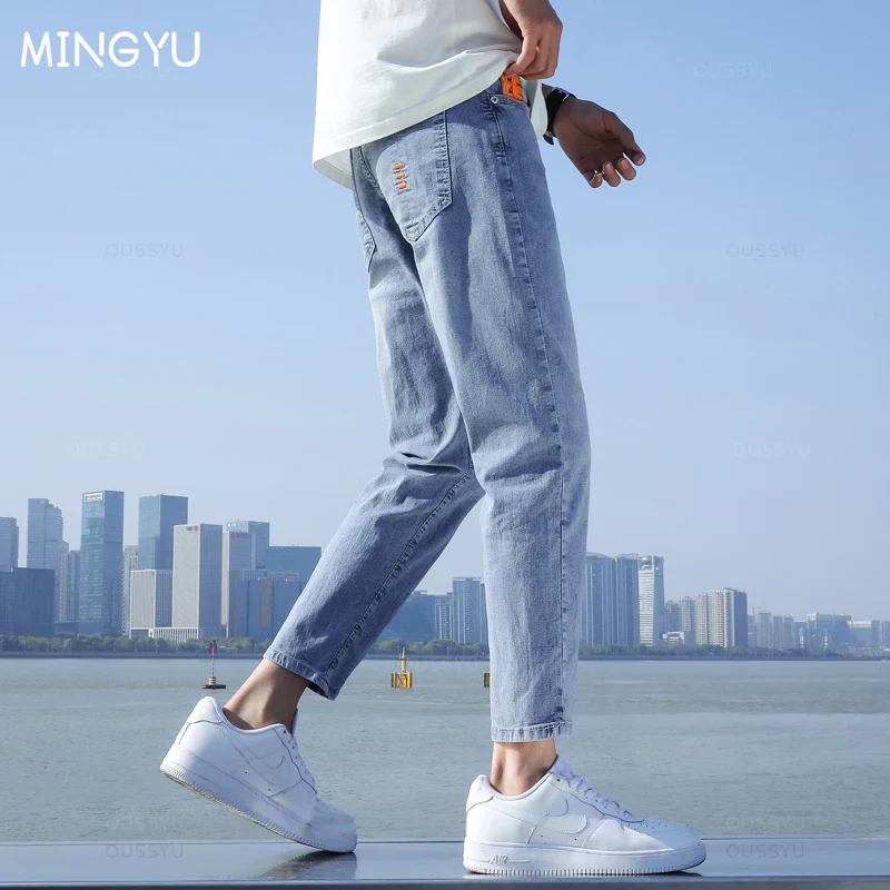 2024 New Men\'s Stretch Ankle Length Jeans Light blue Fashion Casual Cotton Slim Fit Denim Pants Korean Trousers Male Brand Cloth