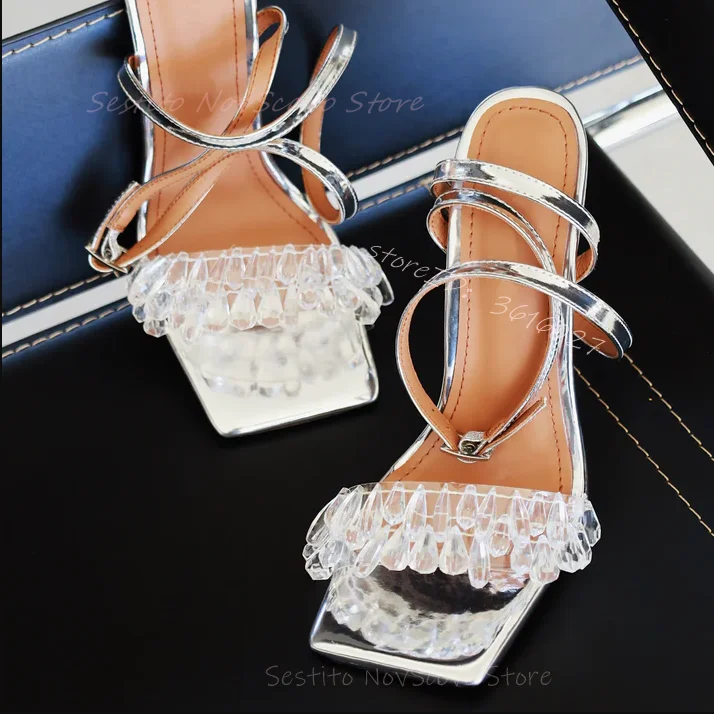 Open Toe Clear Chandeliers Decor Sandals Ankle Wrap Heels Stiletto Cross Straps Sexy Ladies Dress Party Pumps Summer Casual Shoe