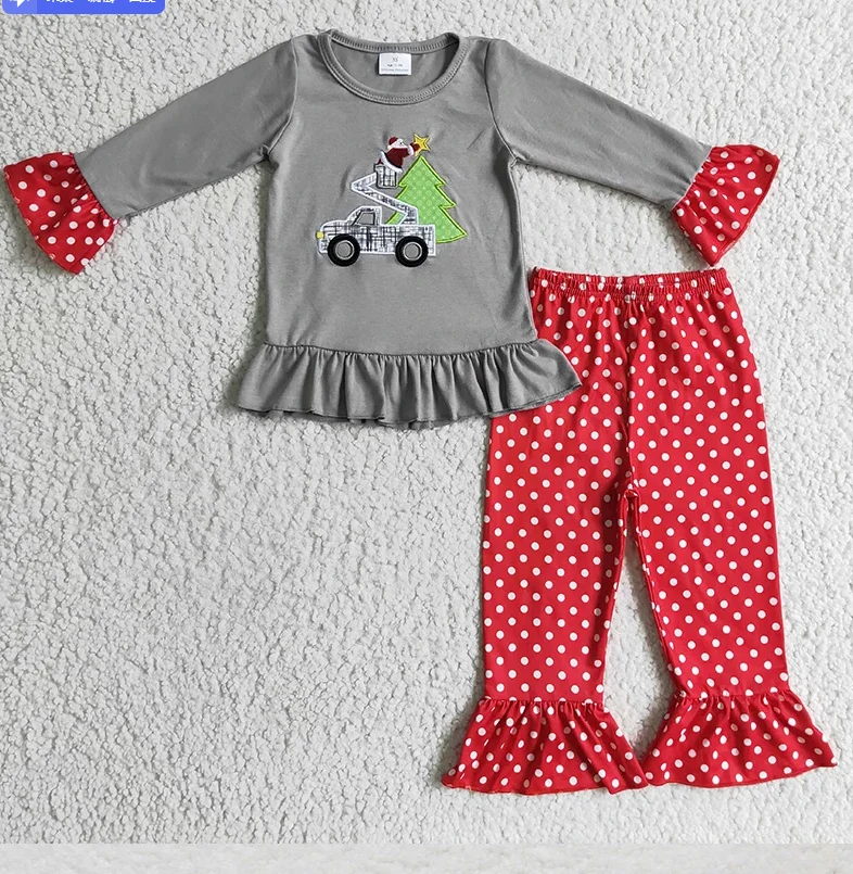 

Children Long Sleeves Pants Sleepwear Set Christmas Baby Girl Embroidery Tractor Nightwear