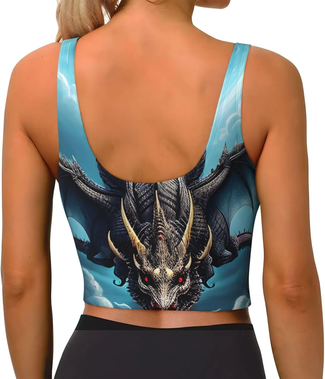 Sutiã esportivo feminino com gola baixa, colete esportivo elástico, regata de ioga, camisas com padrão de dragão voador