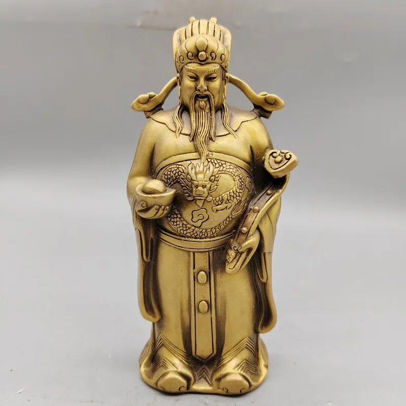 Pure copper God of Wealth ornament holding a wish-fulfilling ingot, a gift for opening ceremonies, home and office decoration